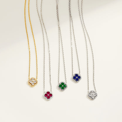 Niche Exquisite S925 Sterling Silver Four-Leaf Clover Necklace, Inlaid Green & White Round Zirconia Floral Fashion Pendant