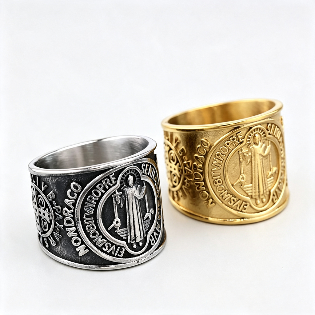 Vintage Stainless Steel Wide Band St. Benedict Exorcism Cross Ring for Men