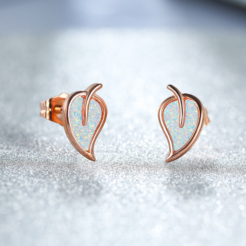 Women's Leaf‑Shape Stud Earrings, Blue Opal / White Opal Inlay, Rose Gold Plating / White Gold Plating