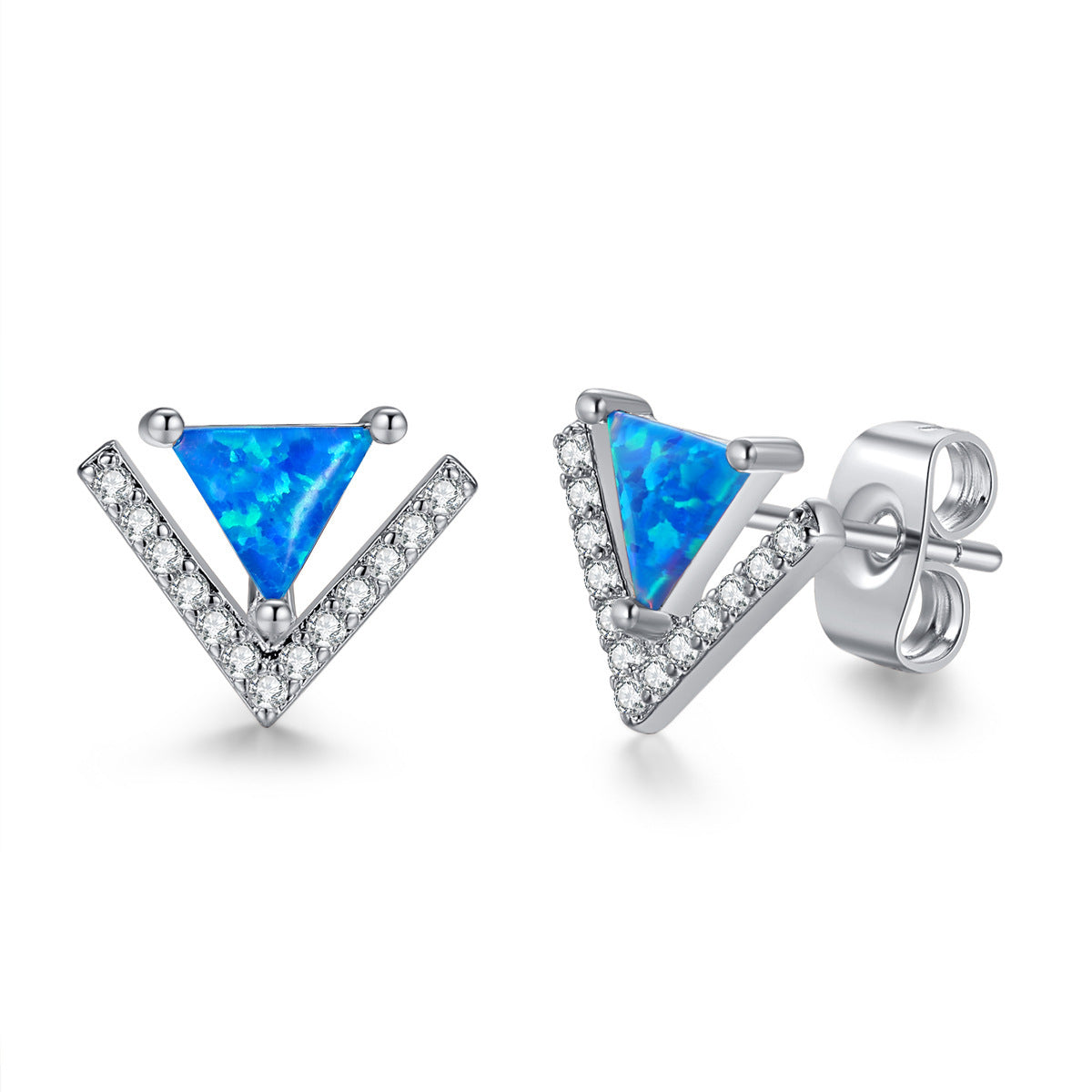 Women's V‑Shaped Triangle Opal Stud Earrings With Zirconia Inlay, White Gold Plating / Rose Gold Plating