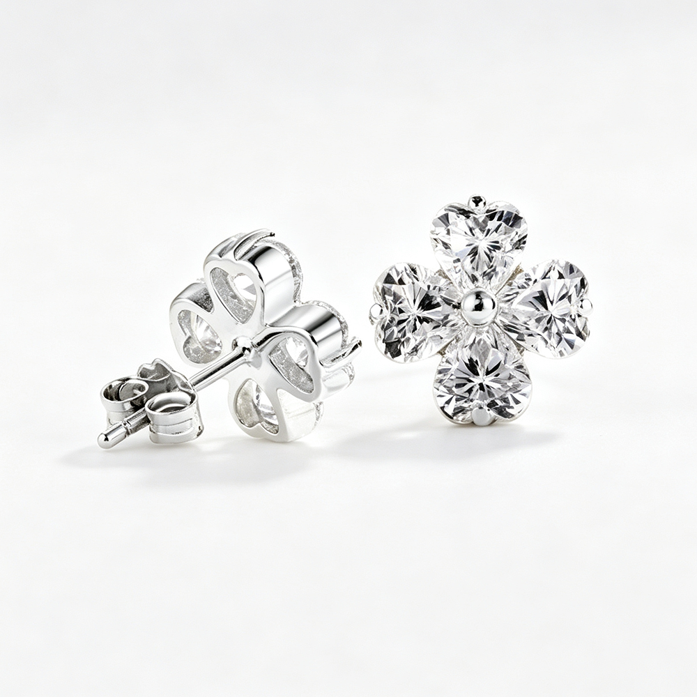 Women's Clover Stud Earrings, Heart‑Shape Clear Zirconia with Bead Accent, S925 with White Gold Plating