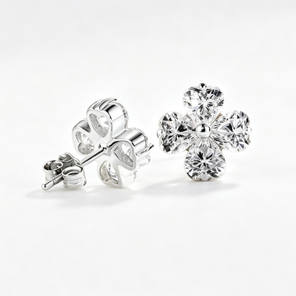Women's Clover Stud Earrings, Heart‑Shape Clear Zirconia with Bead Accent, S925 with White Gold Plating
