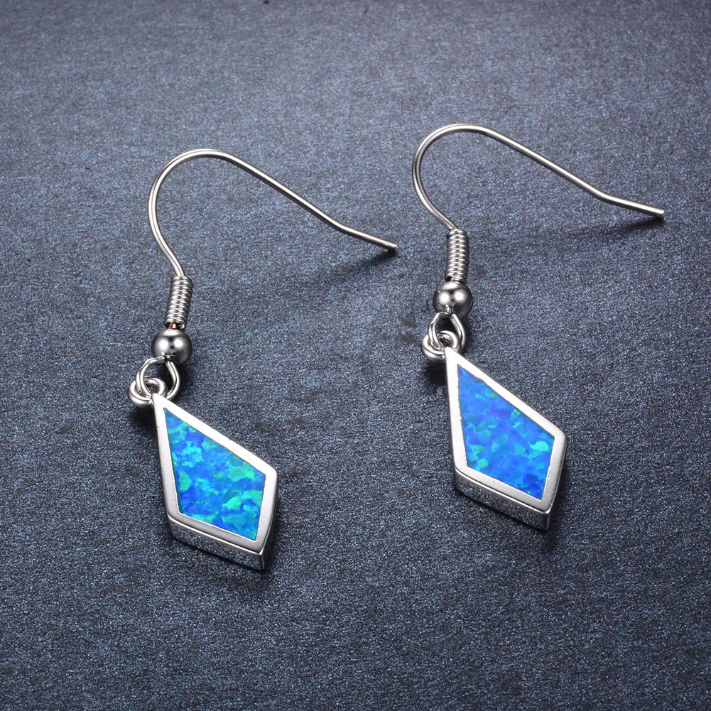 Women's Rhombus Shape Hook Dangle Earrings, Blue Opal Inlay, White Gold Plating