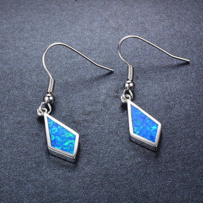 Women's Rhombus Shape Hook Dangle Earrings, Blue Opal Inlay, White Gold Plating