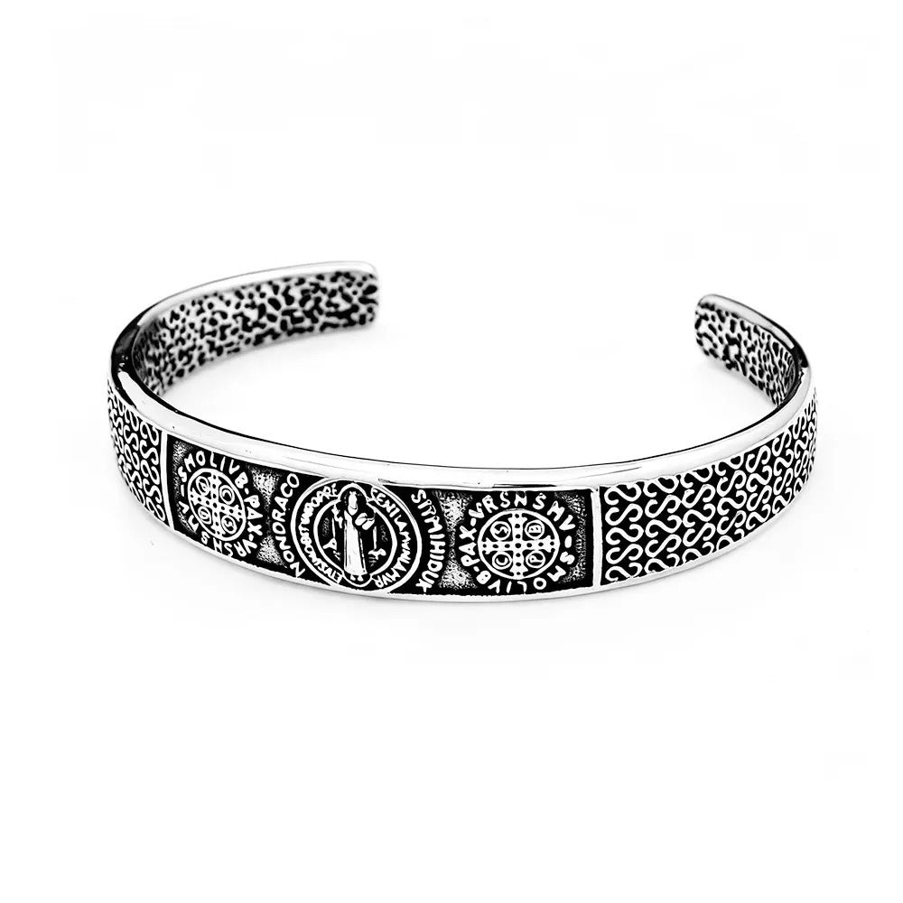 Vintage Punk St. Benedict Open C Bracelet for Men, Trendy Personality Stainless Steel Retro Adjustable Cuff Bangle Jewelry