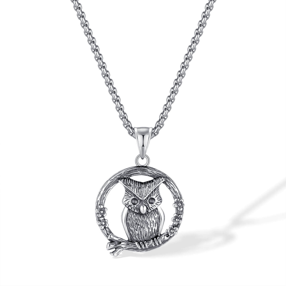 Men's Steel Owl Round Pendant Necklace