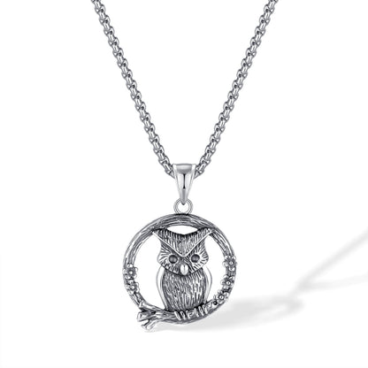 Men's Steel Owl Round Pendant Necklace