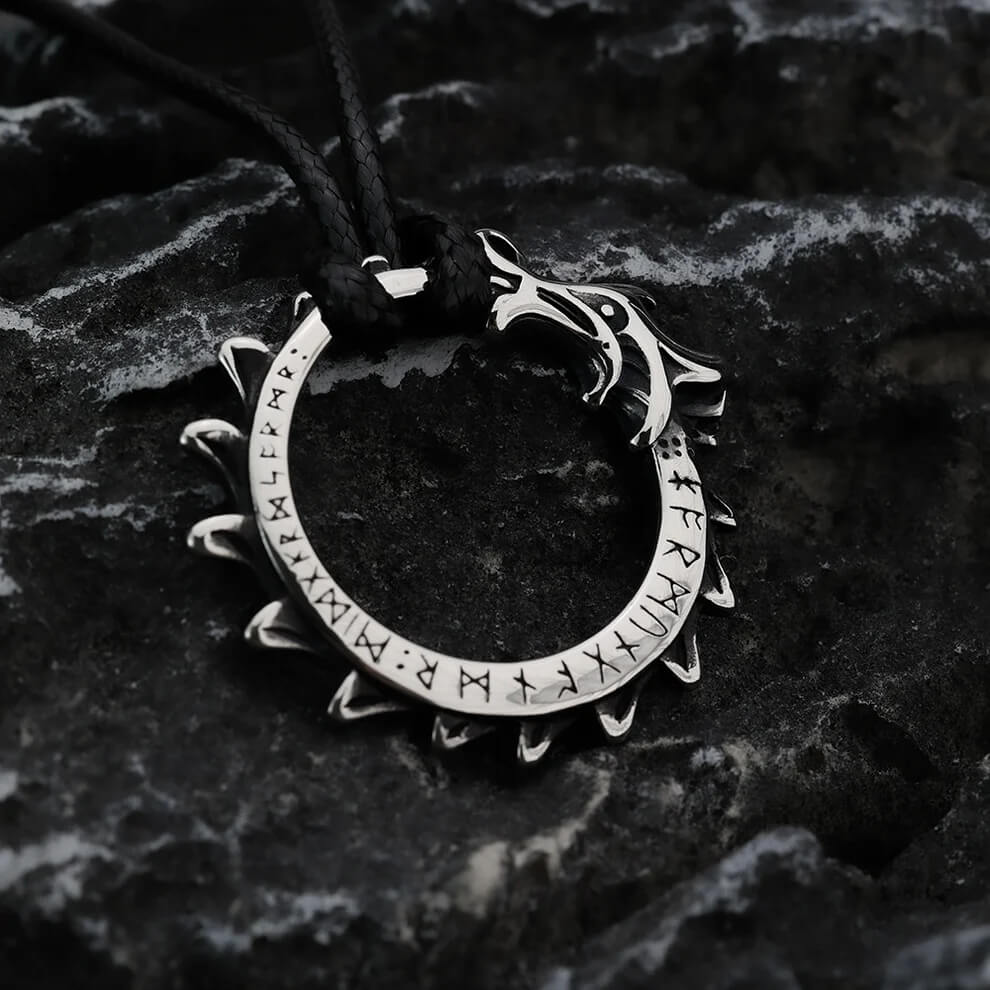 Vintage Stainless Steel Men's Viking Rune Dragon Pendant Necklace