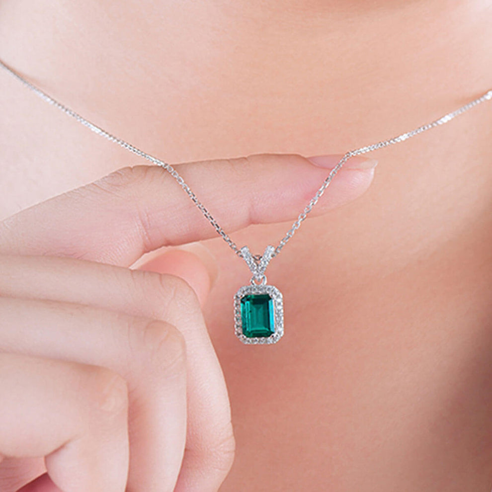 Women's Sterling Silver Rectangle Halo Emerald Pendant