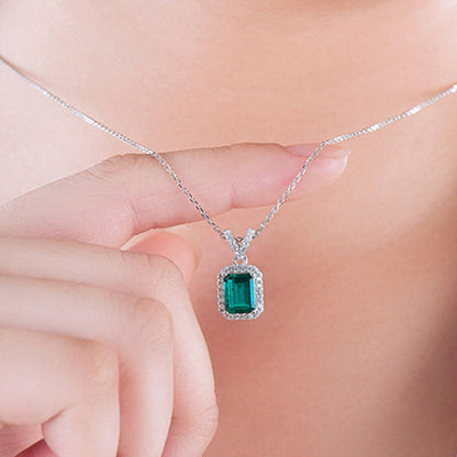 Women's Sterling Silver Rectangle Halo Emerald Pendant