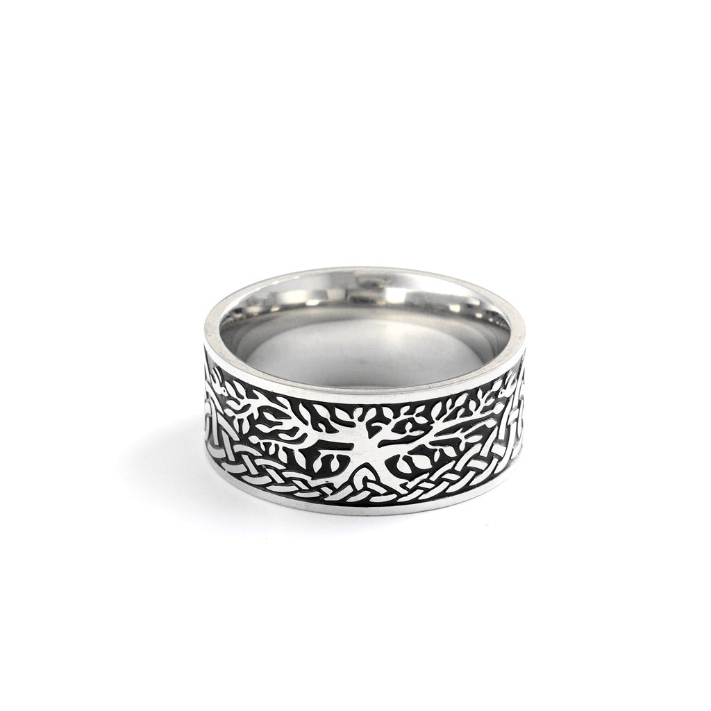 Vintage Solid Stainless Steel Celtic Knot Tree of Life Wide Band Ring for Men