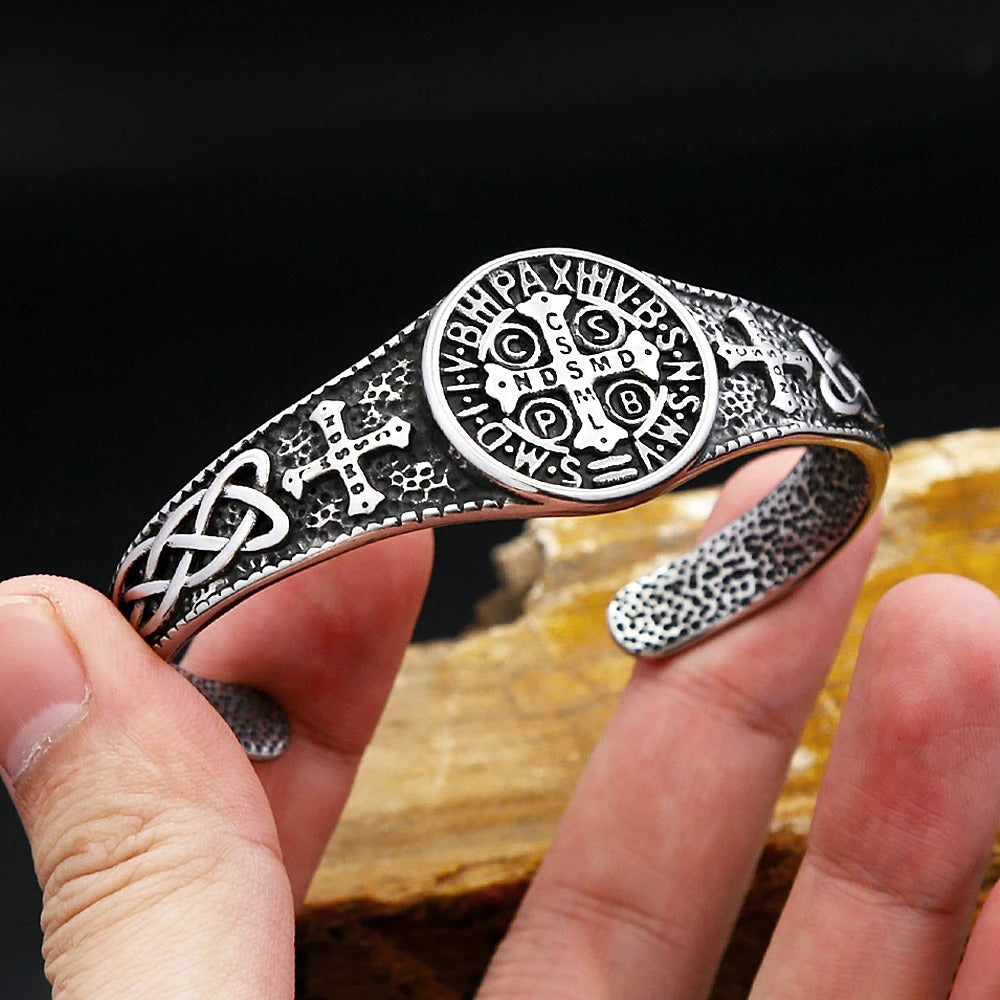 Men's Vintage Stainless Steel Open C Cuff Bracelet, Viking Celtic Knot Cross Exorcist Pattern Retro Adjustable Bangle