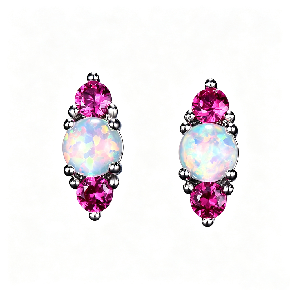 Women's Stud Earrings, White Opal With Wine‑Red Gemstone / White Opal With Emerald Gemstone