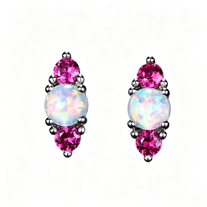 Women's Stud Earrings, White Opal With Wine‑Red Gemstone / White Opal With Emerald Gemstone