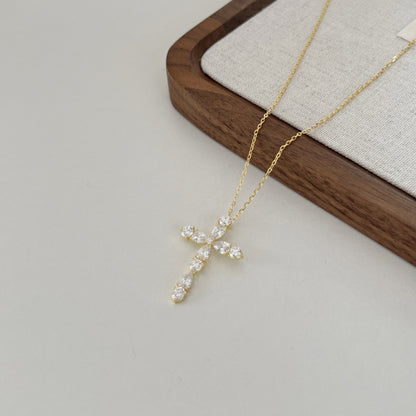 S925  Cross Necklace, Inlaid White Pear & Round Zircon, Niche Design, Elegant Versatile Jewelry