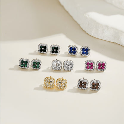 Women's Four‑Leaf Clover Stud Earrings, Round Fuchsia Sapphire Center Stone With Paved Border, S925 with White Gold Plating