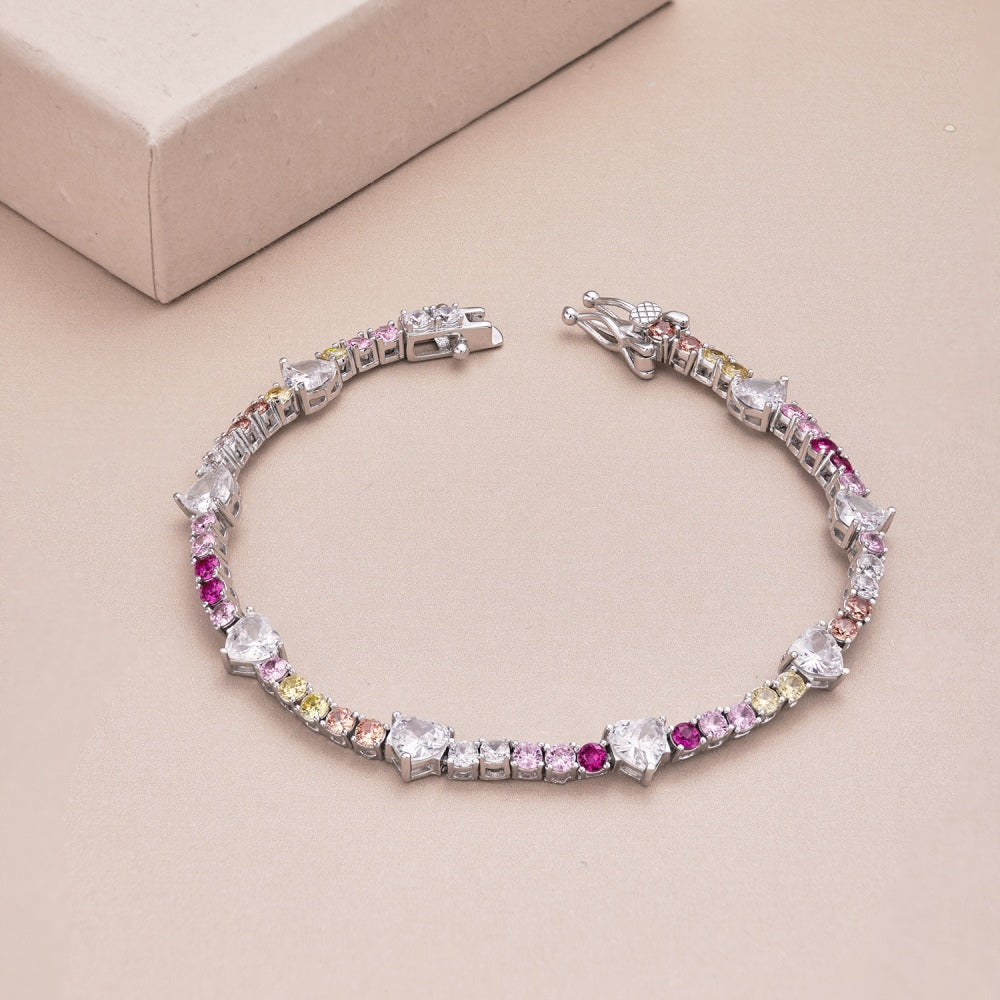 Women's High‑End Tennis Bracelet, Multicolor Mixed Heart & Round Zirconia Inlay With Lobster Clasp, S925 with White Gold Plating
