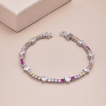 Women's High‑End Tennis Bracelet, Multicolor Mixed Heart & Round Zirconia Inlay With Lobster Clasp, S925 with White Gold Plating