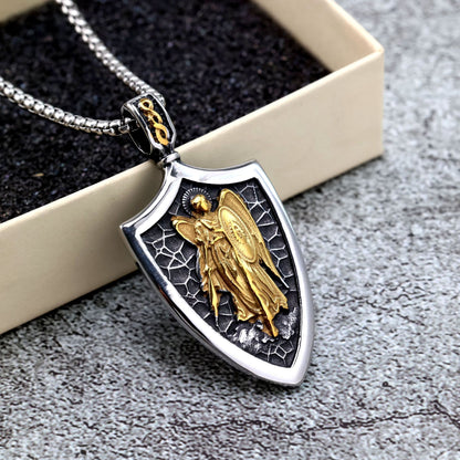 Vintage Stainless Steel Men's Shield St. Michael Angel Pendant Necklace