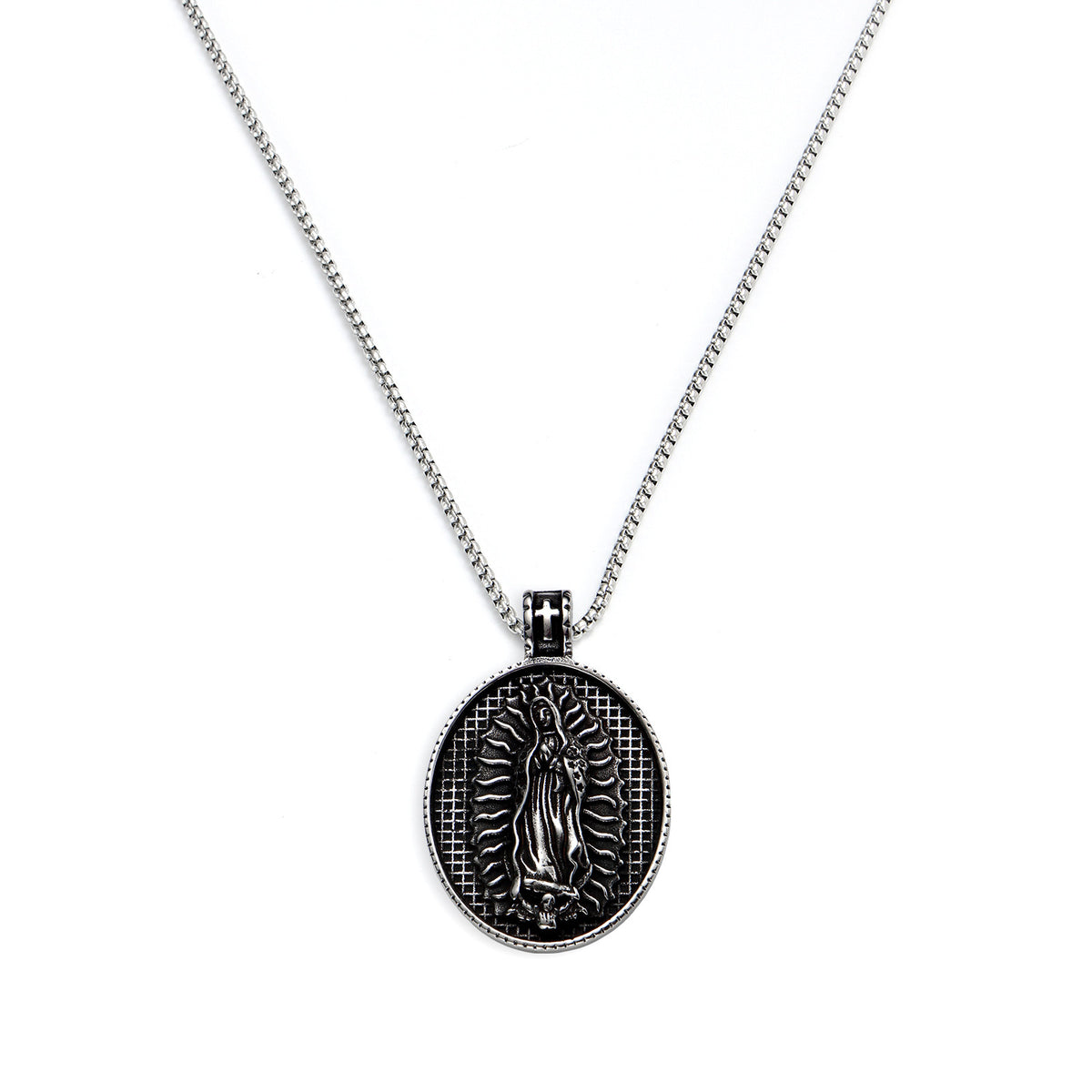 Men's Steel Oval Virgin Mary Pendant Necklace