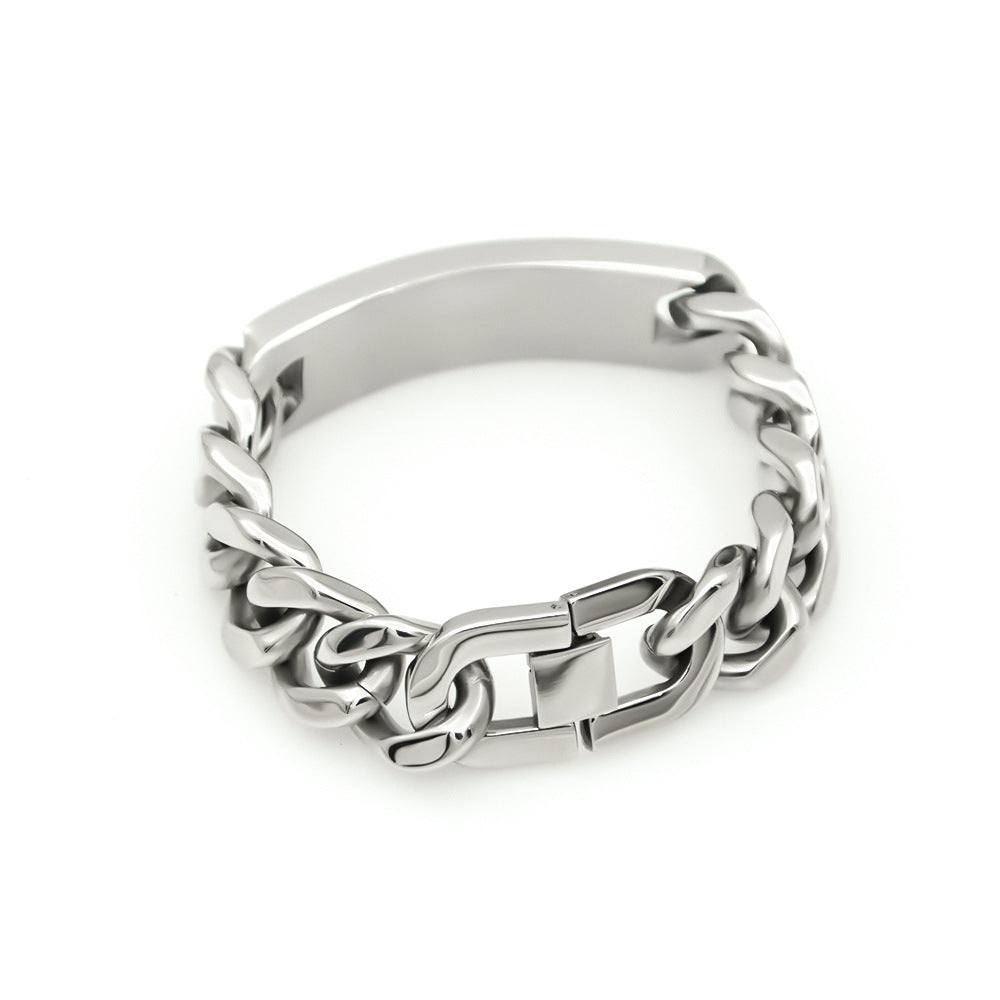 Men’s Silver Tone Stainless Steel Curb Chain Bracelet with Curved Tag Fashion Wrist Jewelry