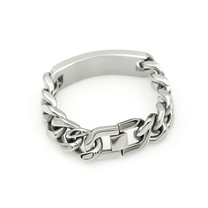 Men’s Silver Tone Stainless Steel Curb Chain Bracelet with Curved Tag Fashion Wrist Jewelry