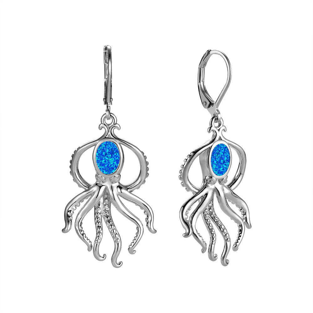 Women's Octopus‑Shape Oval Opal & Zirconia Leverback Dangle Earrings, with Champagne Gold Plating / White Gold Plating