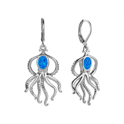 Women's Octopus‑Shape Oval Opal & Zirconia Leverback Dangle Earrings, with Champagne Gold Plating / White Gold Plating
