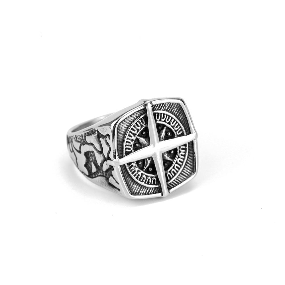 Vintage Stainless Steel Hip Hop Compass Square Signet Ring for Men