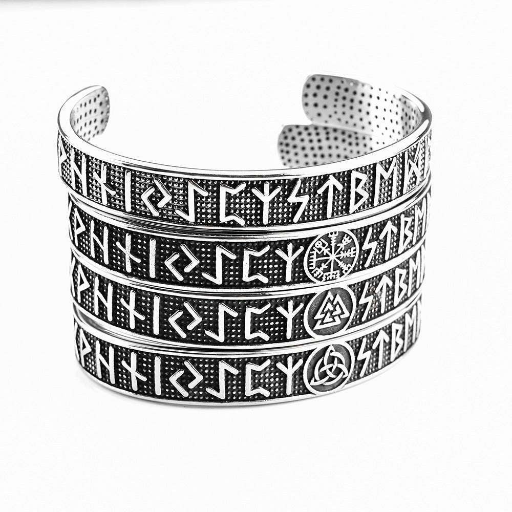 Men's Nordic Pirate Vintage Solid Stainless Steel Open C Cuff Bracelet, Engraved Viking Rune Symbols Adjustable Retro Bangle