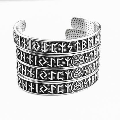Men's Nordic Pirate Vintage Solid Stainless Steel Open C Cuff Bracelet, Engraved Viking Rune Symbols Adjustable Retro Bangle