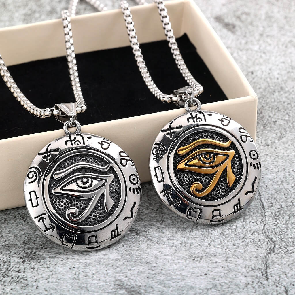 Vintage Stainless Steel Men's Egyptian Eye of Horus Round Pendant Necklace