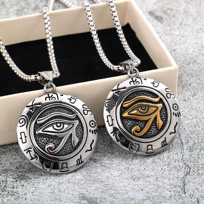 Vintage Stainless Steel Men's Egyptian Eye of Horus Round Pendant Necklace
