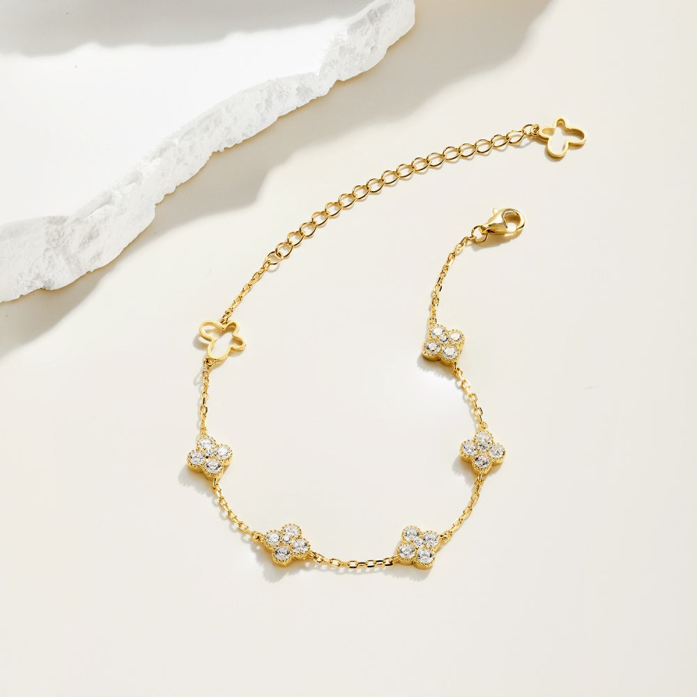 Women's Fashion Exquisite Bracelet, Round Zirconia Inlaid Clover & Hollow Butterfly Design, S925 with 18K Gold Plating