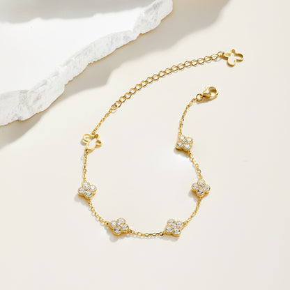 Women's Fashion Exquisite Bracelet, Round Zirconia Inlaid Clover & Hollow Butterfly Design, S925 with 18K Gold Plating