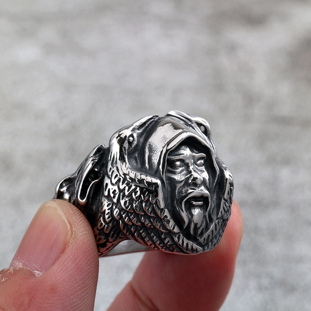Vintage Stainless Steel Biker Viking Odin Raven Wolf Head Ring for Men