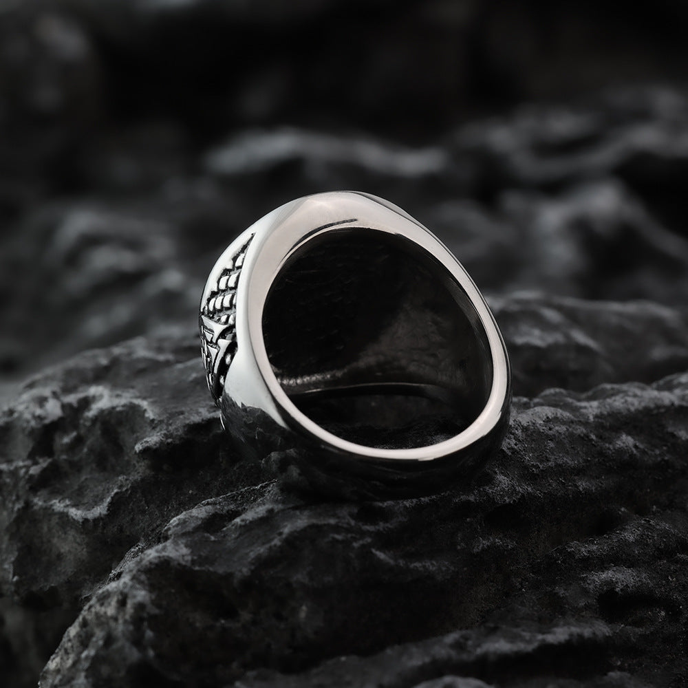 Vintage Nordic Stainless Steel Viking Rune Compass Round Ring for Men