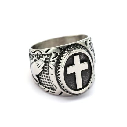 Vintage Solid Stainless Steel Cross Signet Ring for Men