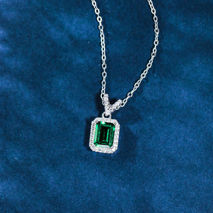 Women's Sterling Silver Rectangle Halo Emerald Pendant