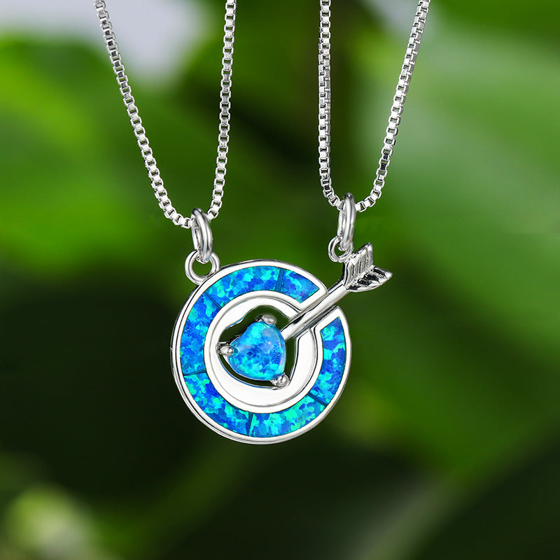 Blue Opal Circle Heart Arrow Necklace