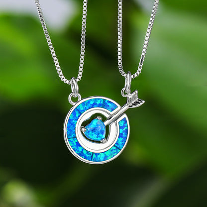 Blue Opal Circle Heart Arrow Necklace