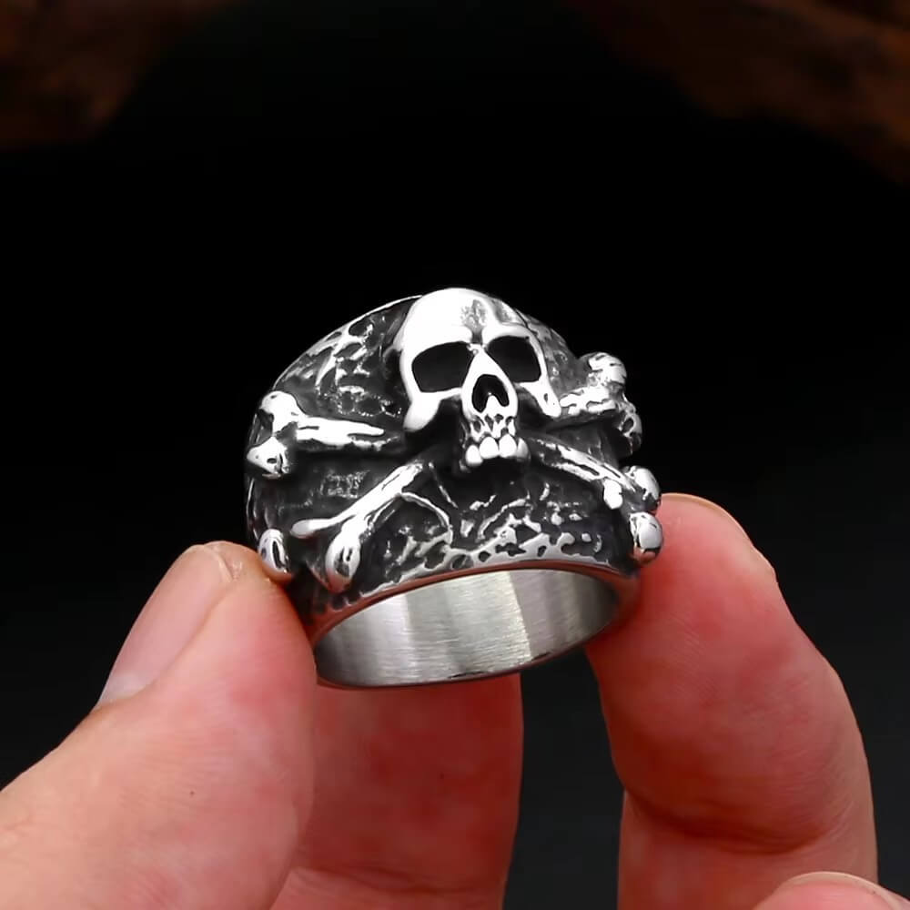 Men's 3D Embossed Cross-Bone Skull Ring
