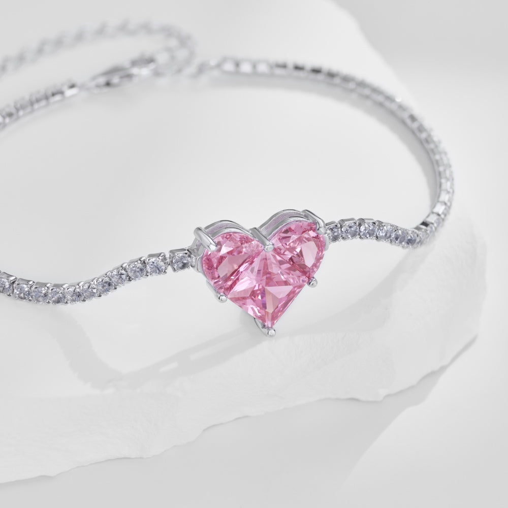 Women's Delicate Tennis Bracelet, Pink Heart Shape Center Zirconia Paved Inlay, S925 with White Gold Plating