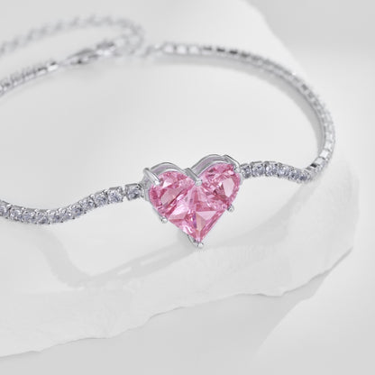 Women's Delicate Tennis Bracelet, Pink Heart Shape Center Zirconia Paved Inlay, S925 with White Gold Plating