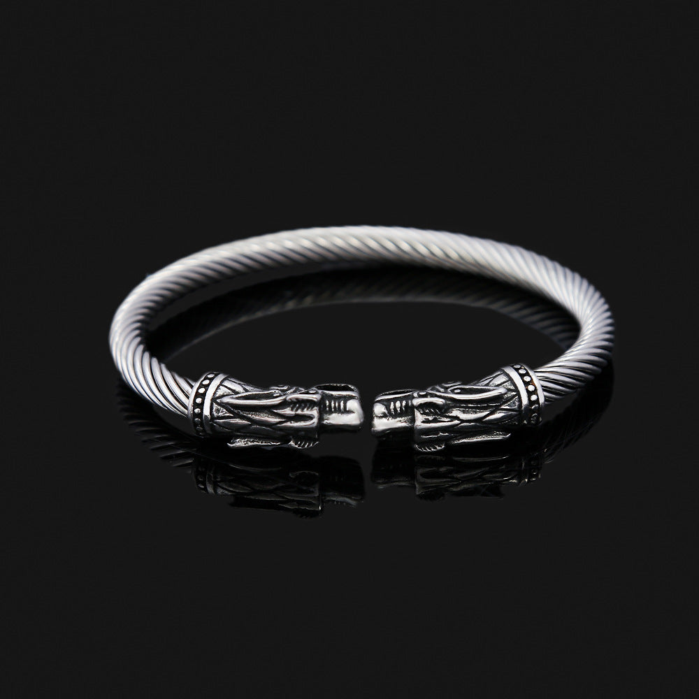 Men's Retro Double Dragon Head Twisted Open Cuff Bracelet