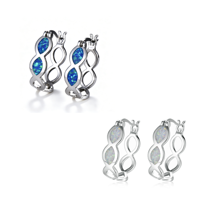 Women's Double Marquise Blue & White Opal Figure 8 Hollow Huggie Earrings, White Gold Plating