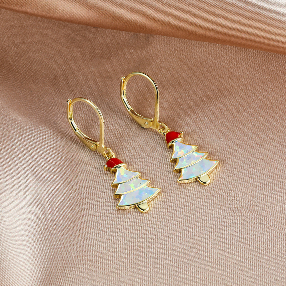 Women's Christmas Tree Color Opal Dangle Earrings, Gold / White Gold Plating