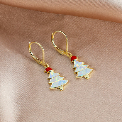 Women's Christmas Tree Color Opal Dangle Earrings, Gold / White Gold Plating