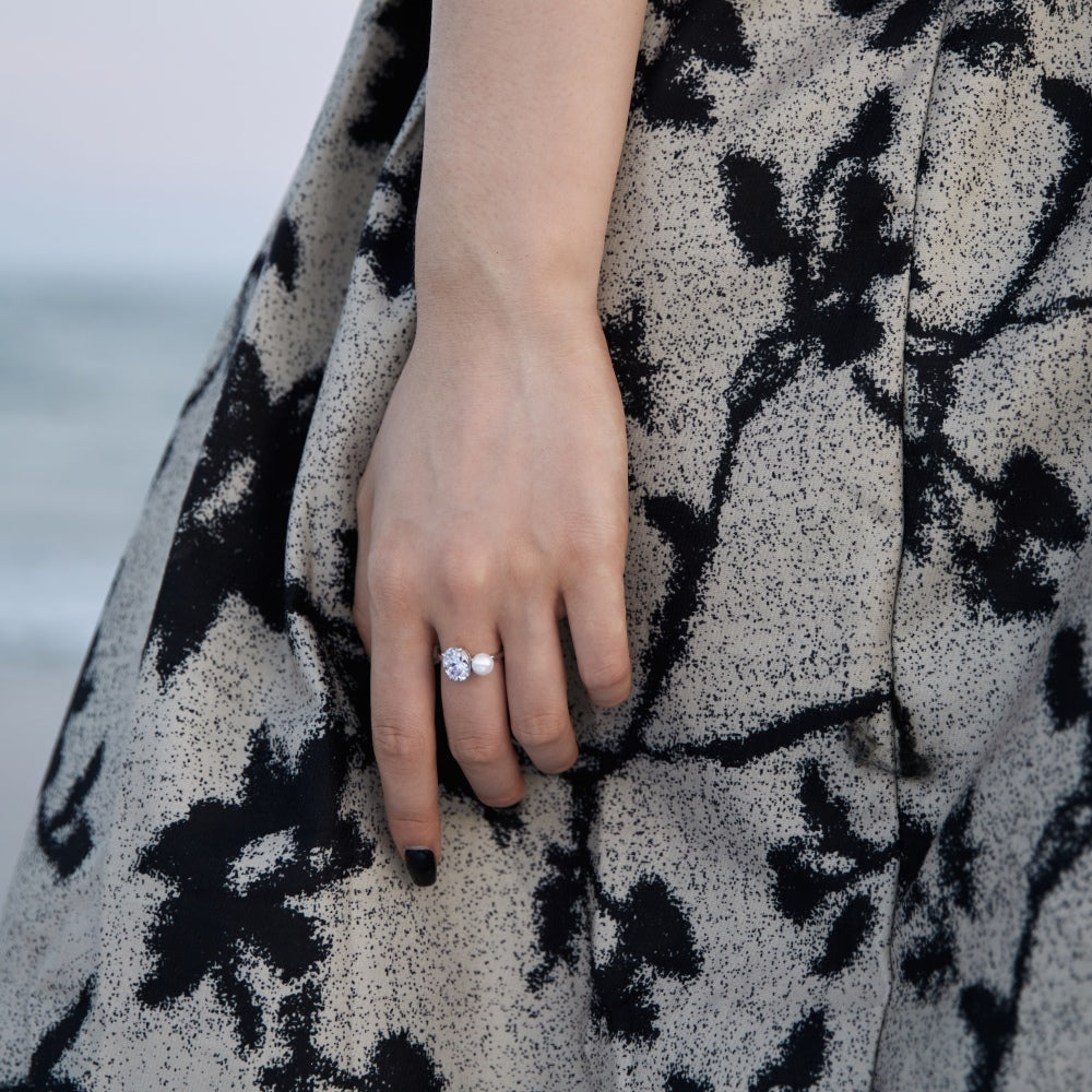 Women's Oval Zirconia Pearl Accent Ring, S925 with White Gold Plating