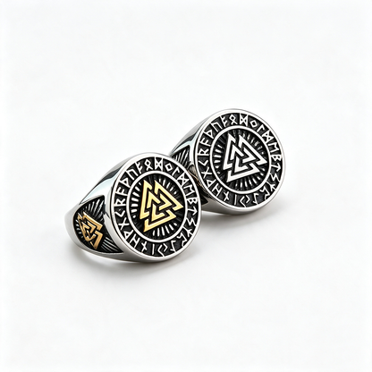 Vintage Nordic Stainless Steel Viking Triangle Symbol Rune Circle Signet Ring for Men